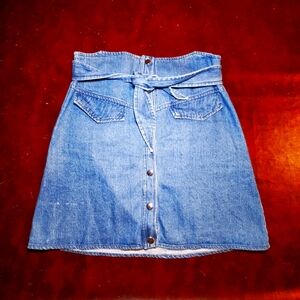 Hummingbird denim skirt with front silver snap closure, waist tie, 100% cotton